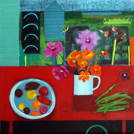 Emma Dunbar's still life, Allotment with beans, acrylic on paper, on show at the Jerram Gallery, Sherborne,. Dorset from 18 February to 3 March. Image courtesy Jerram Gallery.
